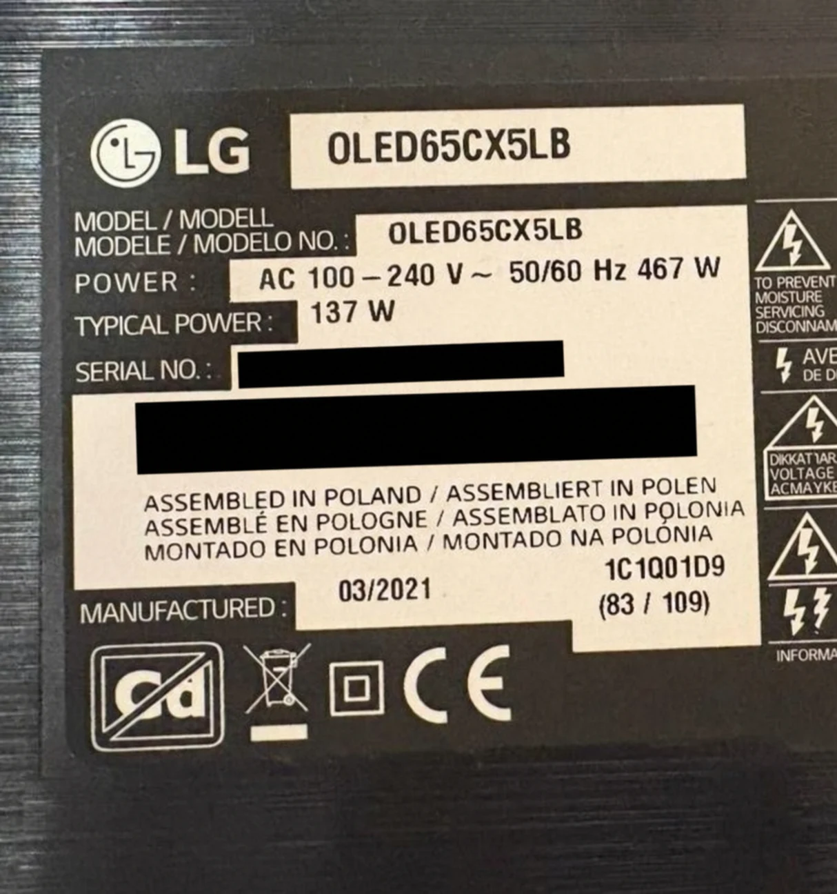 Rear label of my LG OLED65CX5LB showing the model number and manufacturing date