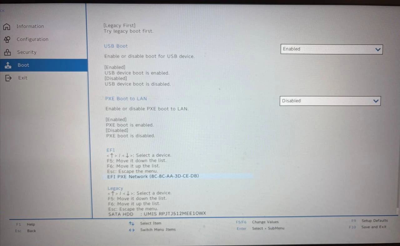 Lenovo BIOS boot screen with PXE Boot to LAN disabled