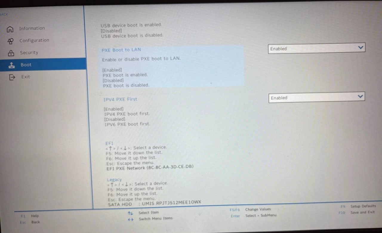 Lenovo BIOS boot screen with PXE Boot to LAN enabled