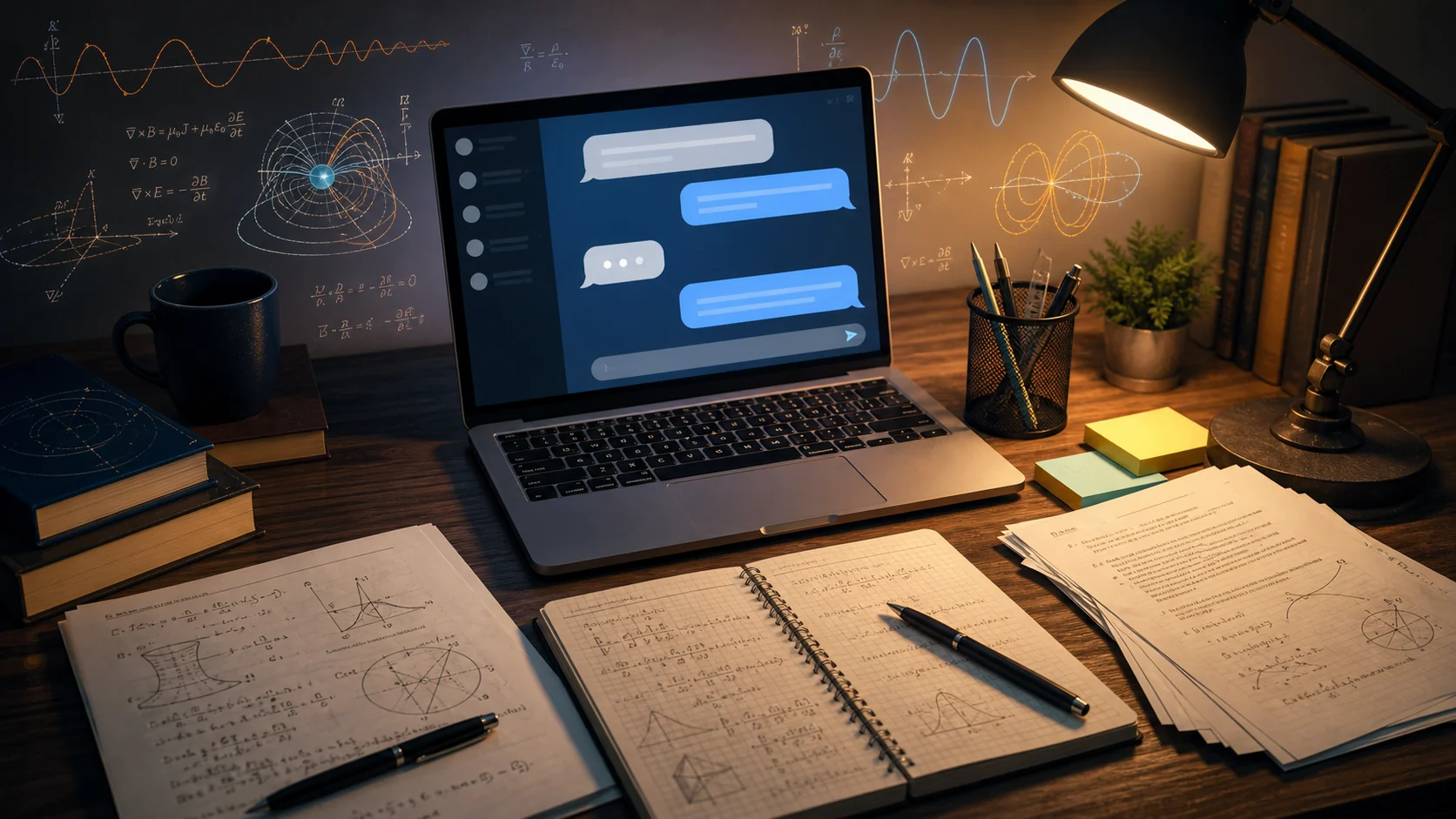 Study desk with a laptop, notes, and physics formulas while preparing an exam with an AI tutor